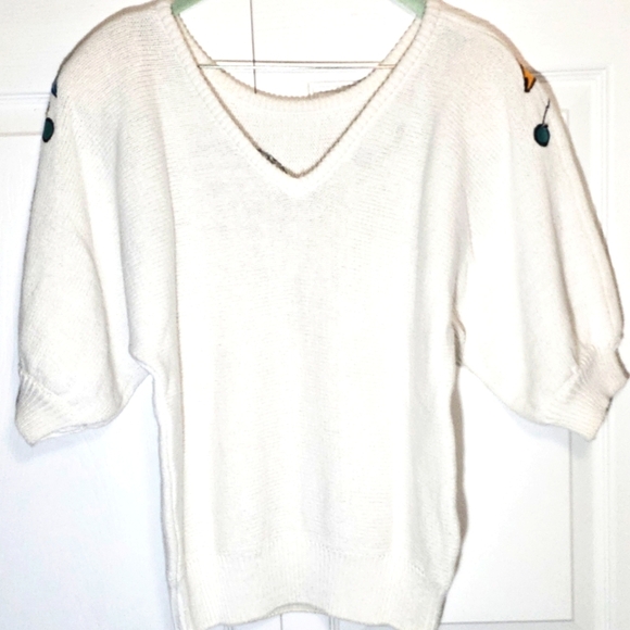 Vintage‎ V-neck Sweater Mardi Gras Beaded Womens Small Embellished White Dolman - Picture 4 of 6